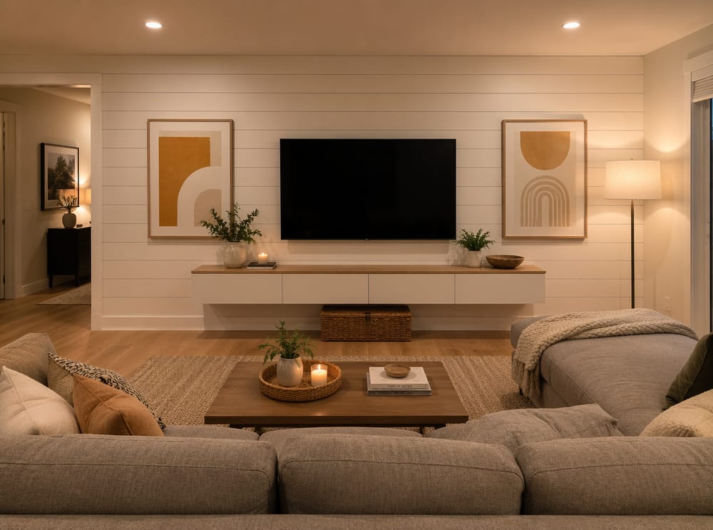 Láminas abstractas simétricas flanqueando la TV sobre revestimiento de madera