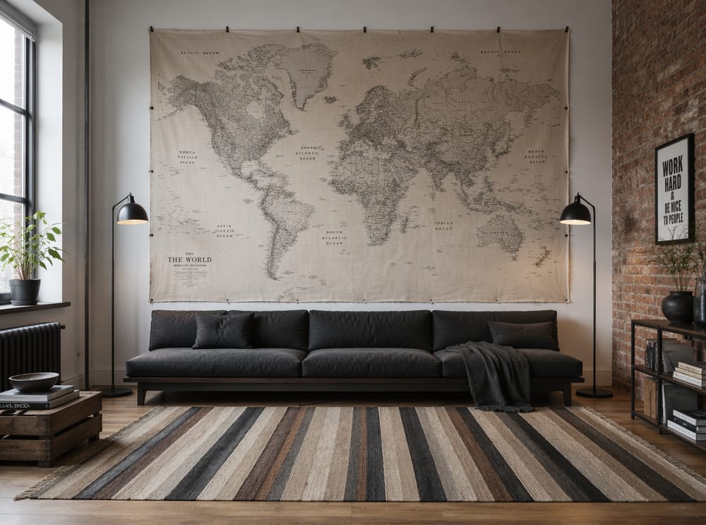 Mapa de lino sin marco fijado directamente a la pared principal