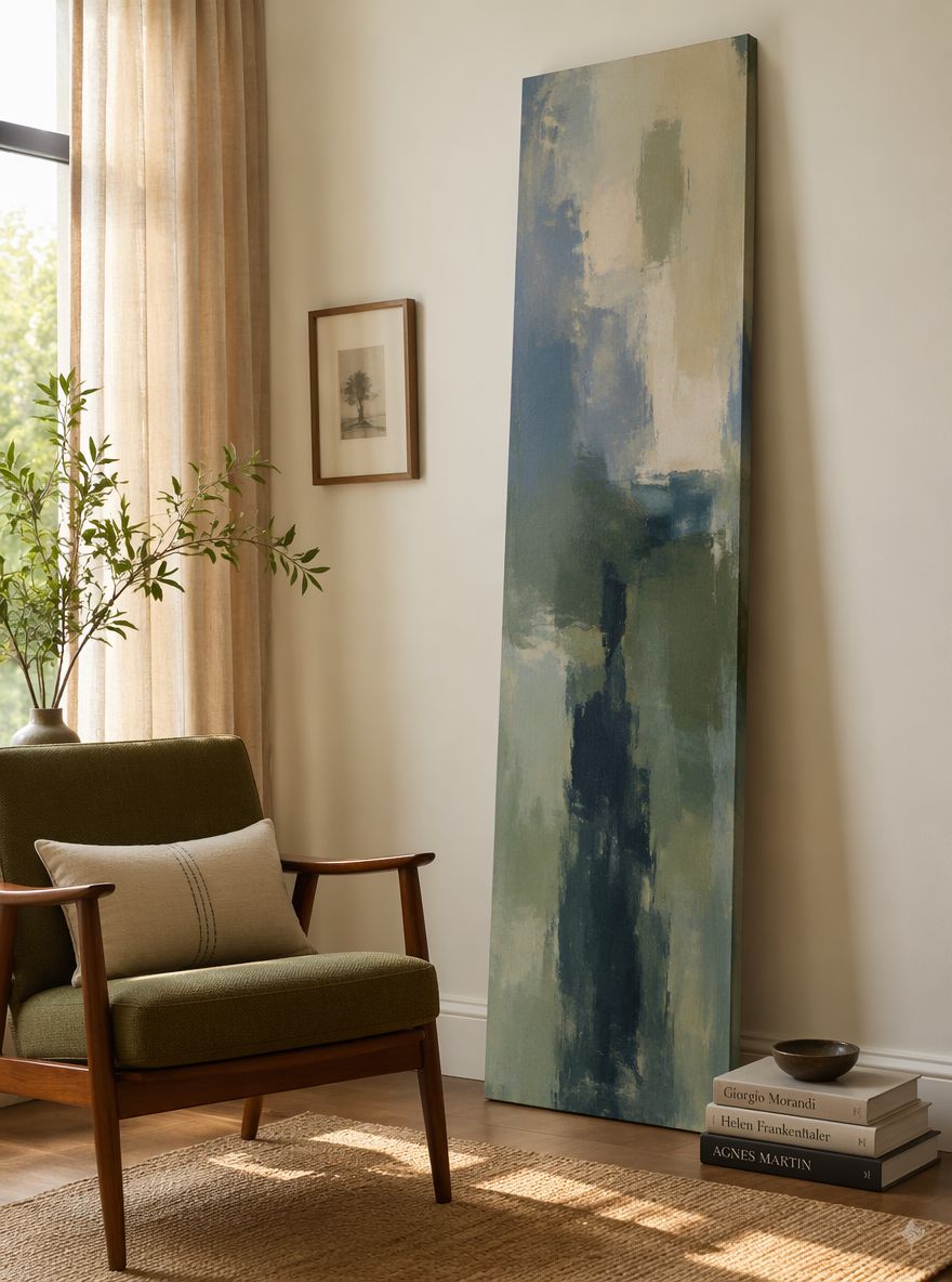 Lienzo vertical recargado junto a un sillón