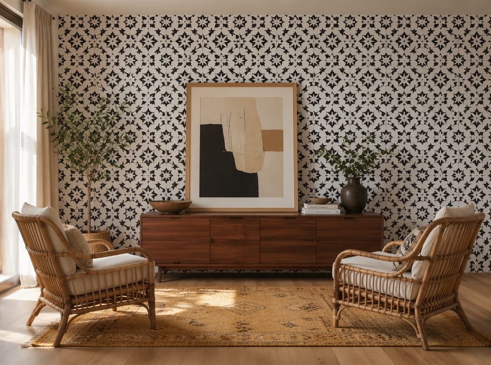Pintura abstracta apoyada en una credenza contra papel tapiz estampado