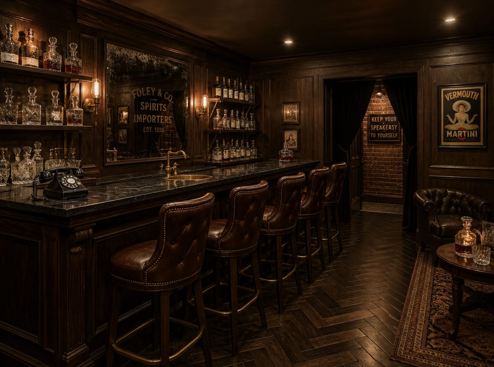 Speakeasy-stil bar med knapryggede læderstole