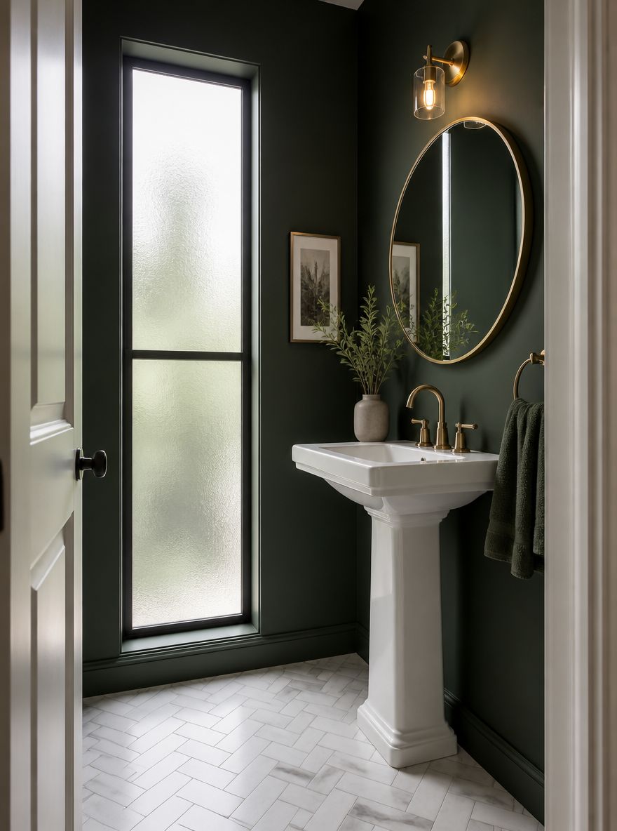 Finestra alta satinata che illumina toilette verde scuro