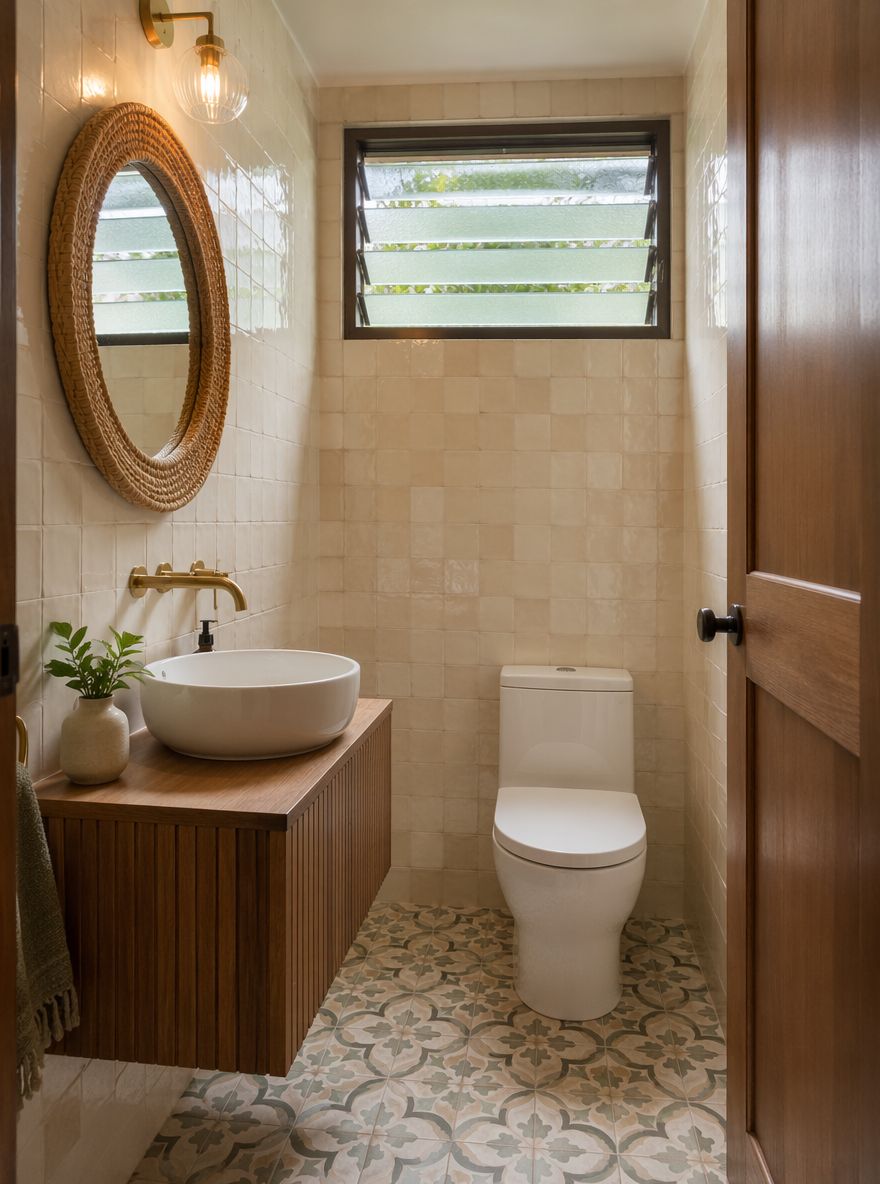 Finestra a gelosia sopra wc, pareti in ceramica