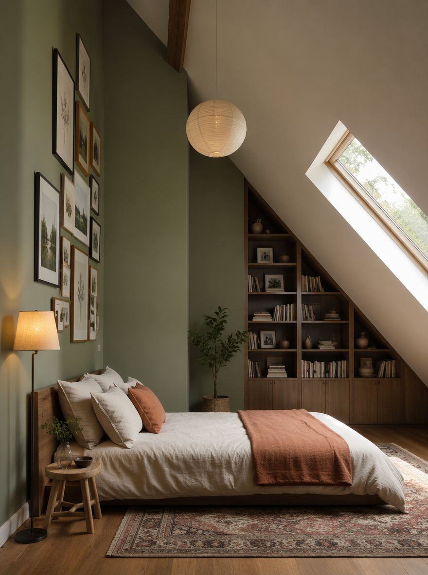Gallery wall climbing the bedroom's tallest vertical surface