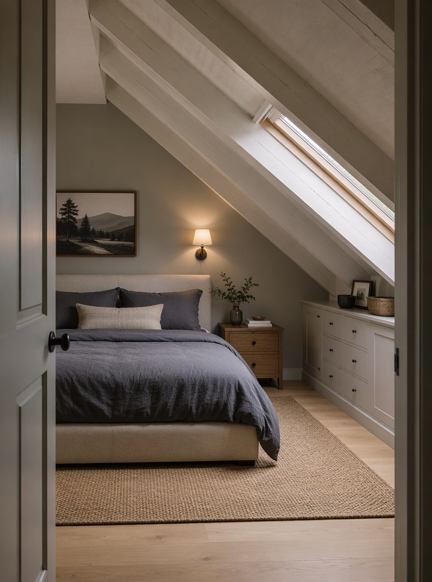 Exposed white rafters framing a low upholstered bed