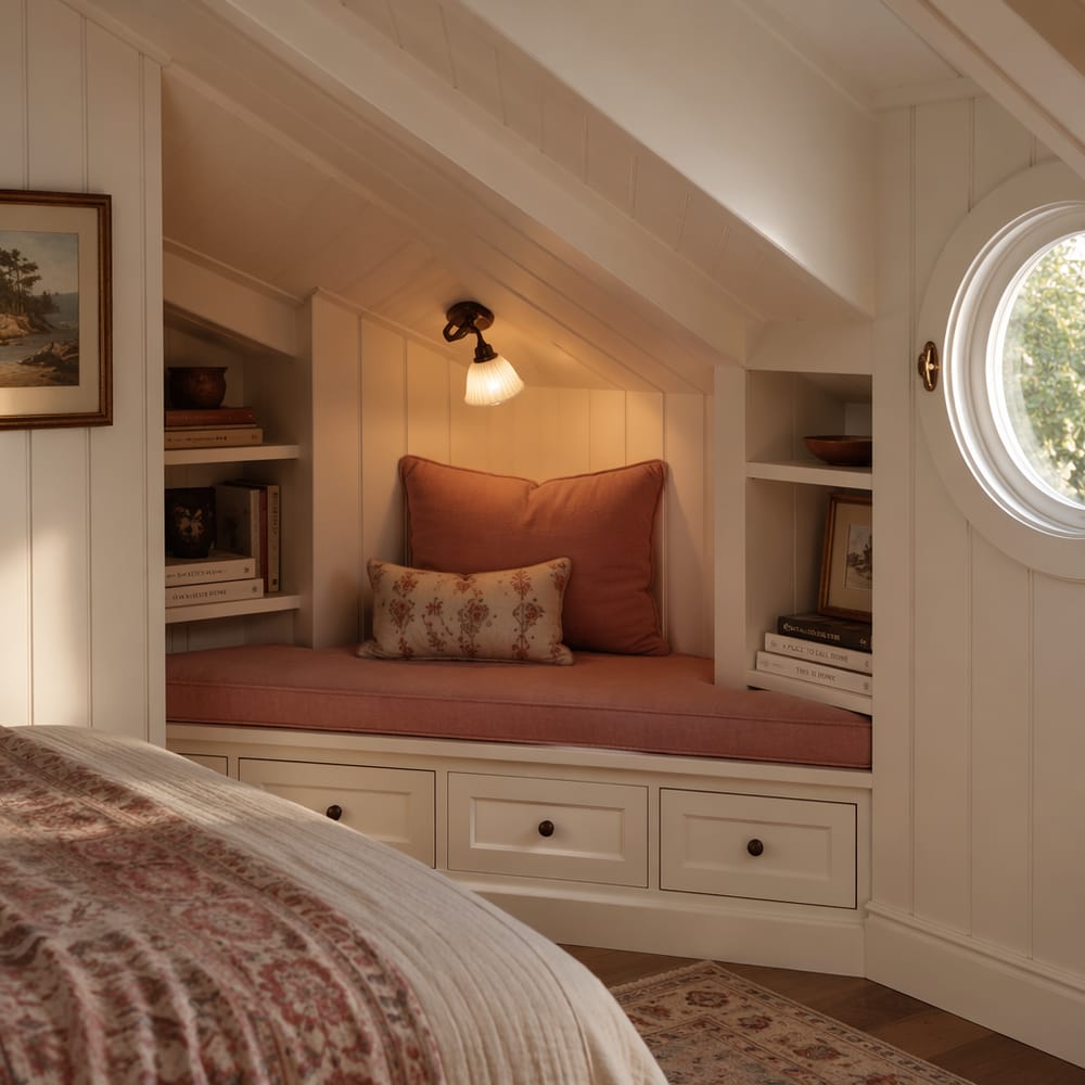 Built-in reading nook carved into the knee wall