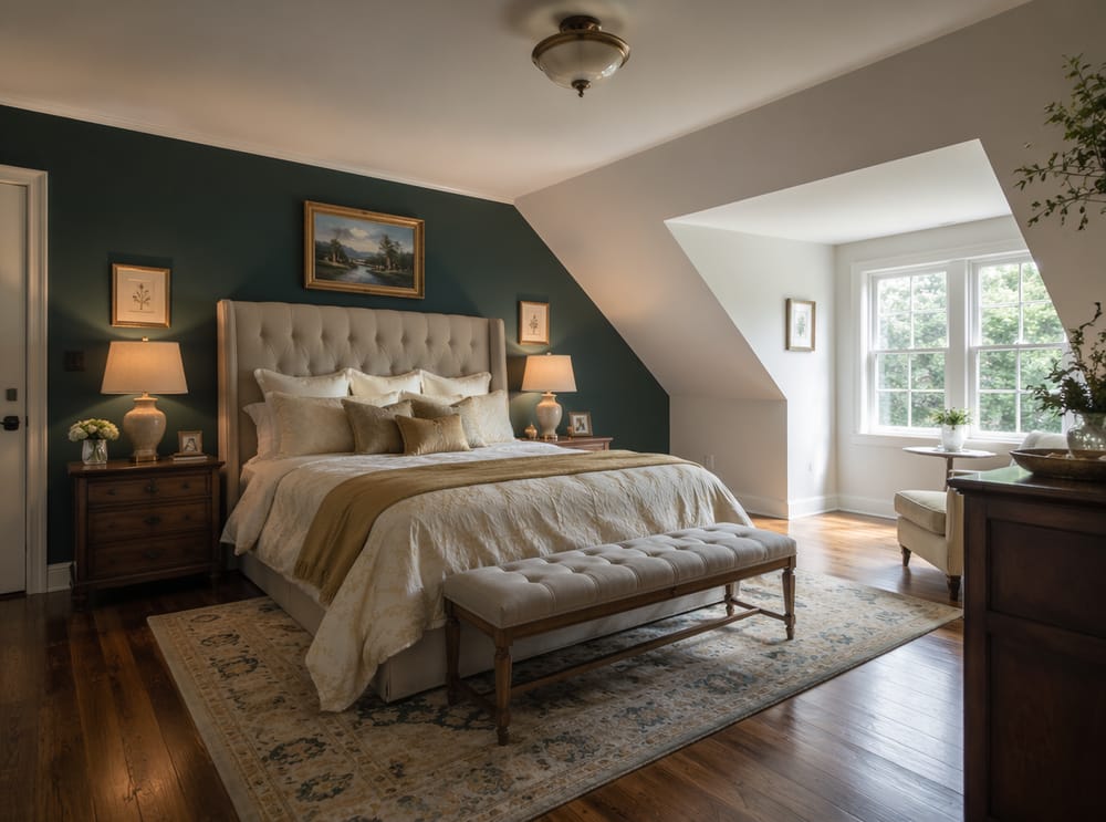 Tall headboard against the only flat wall available