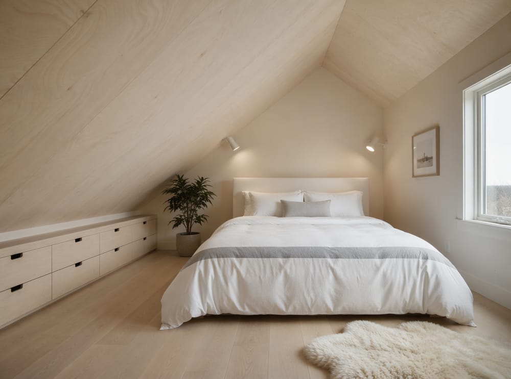 Slim white headboard under birch-clad sloped ceiling