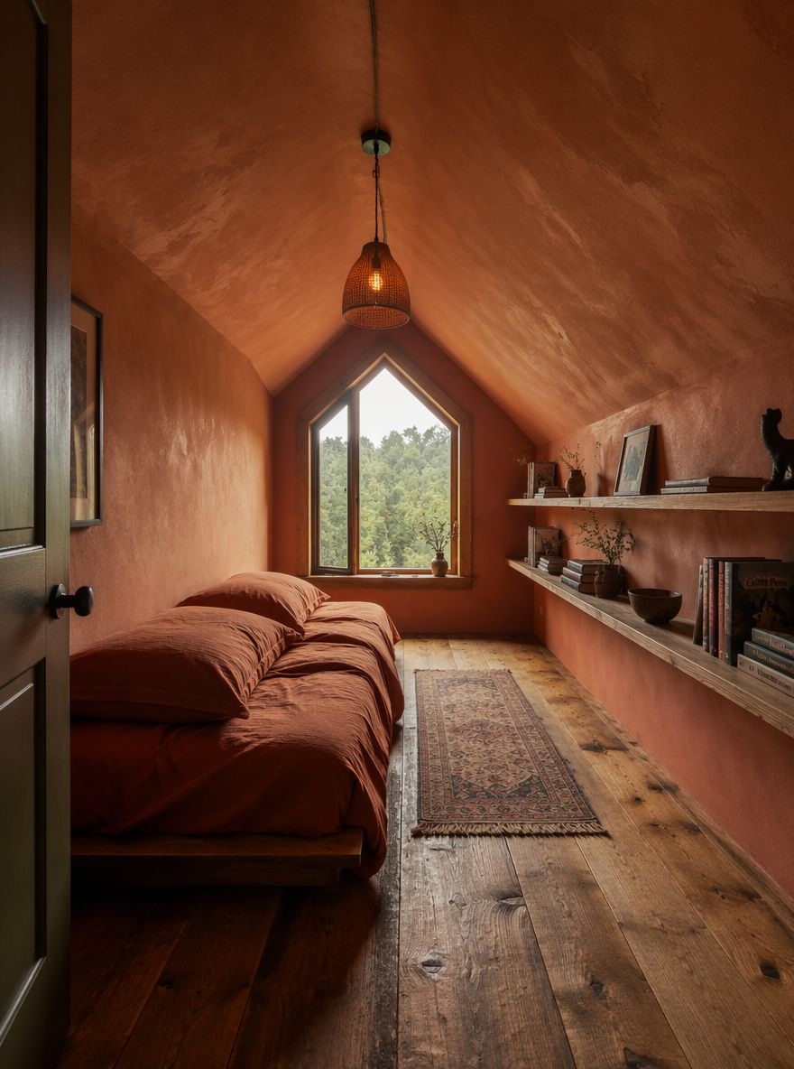 Narrow room with bed running along the higher side