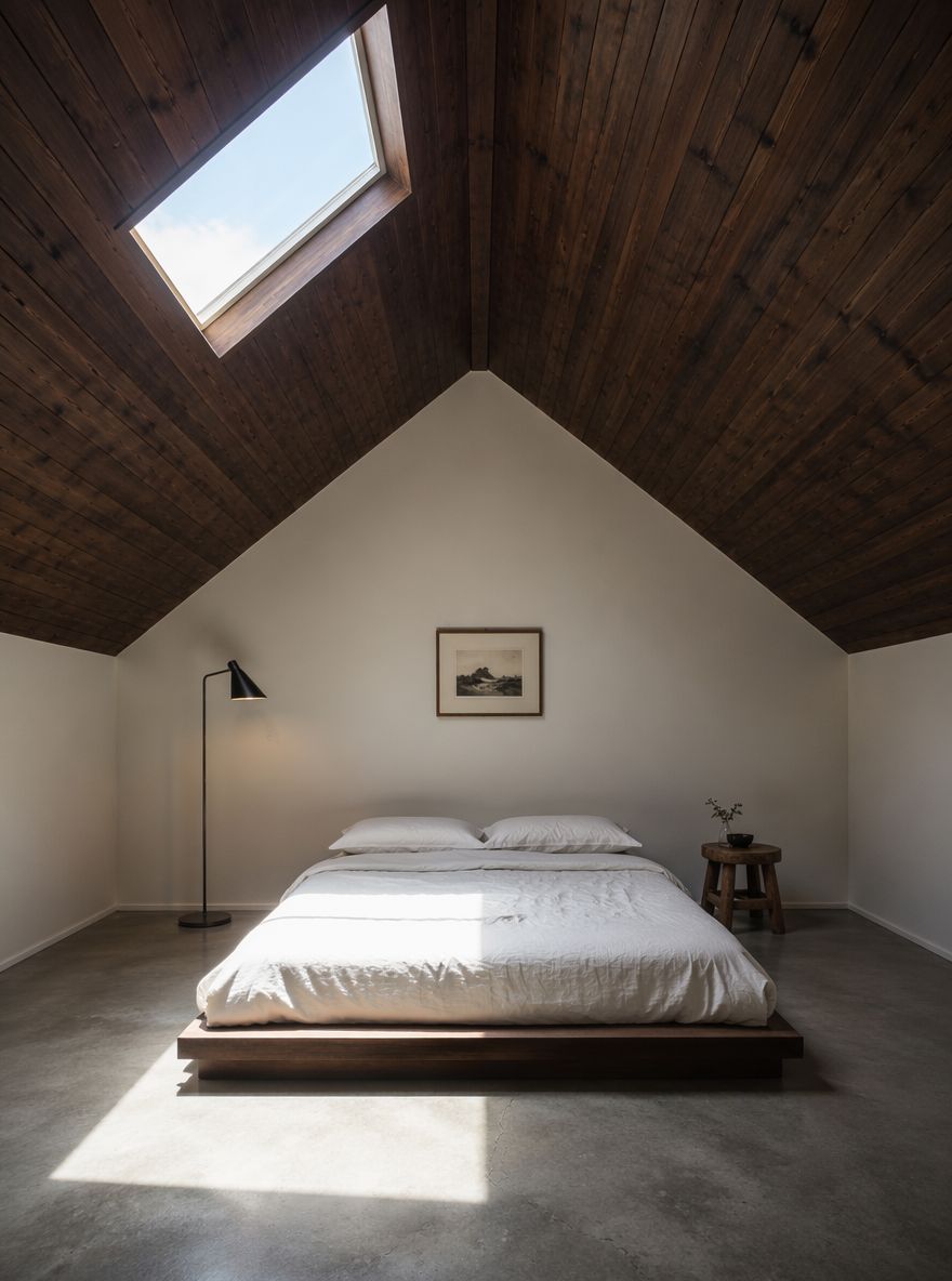 Skylight casting natural light down dark walnut boards