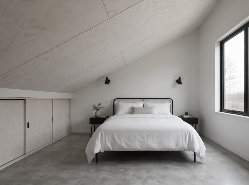 Black metal headboard against white plywood slope