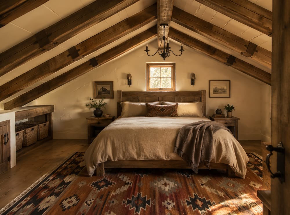 Reclaimed wood headboard beneath heavy exposed timber beams