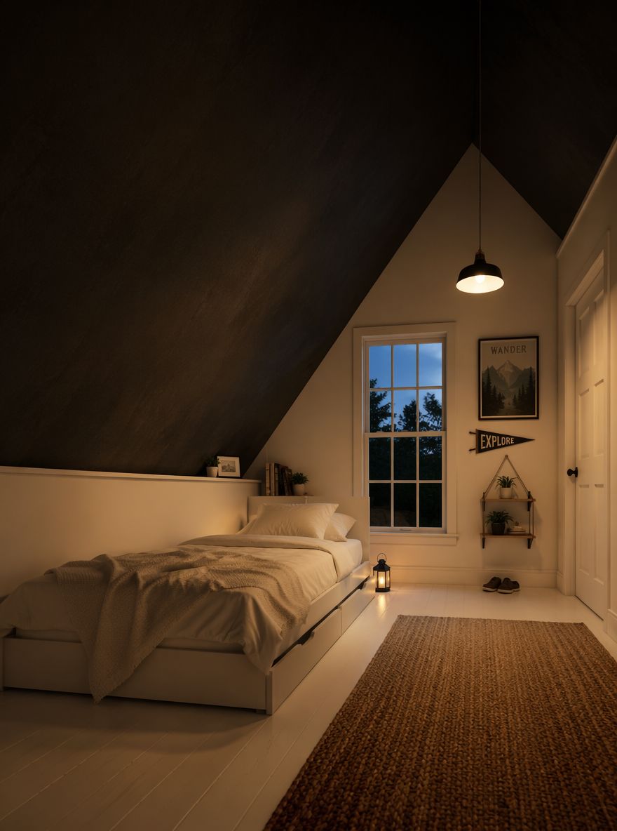 Low trundle bed tucked flush against the four-foot knee wall