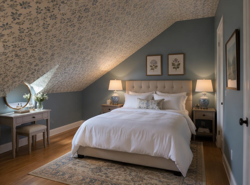 Botanical wallpaper wrapping the angled ceiling surface