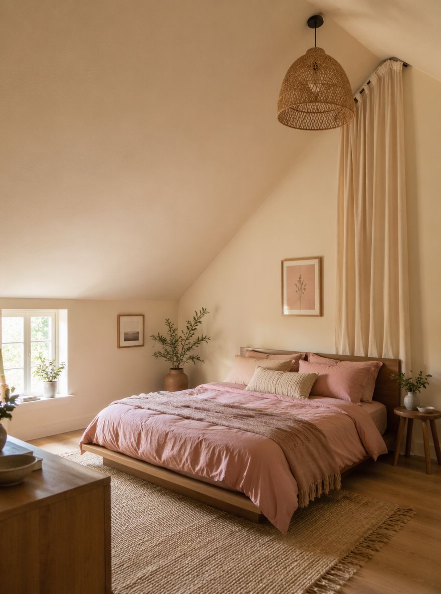 Ceiling-height curtain softening the angular roofline transition