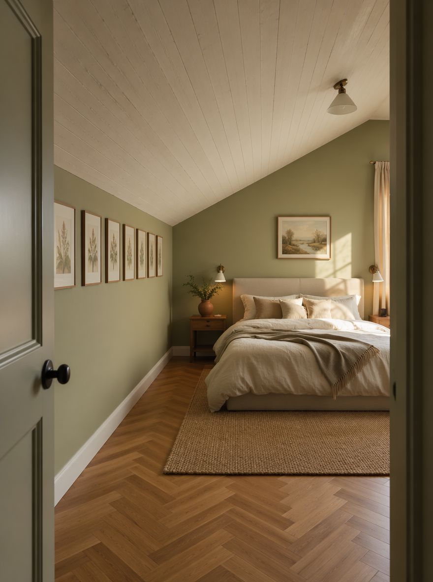 Botanical prints forming a horizon line on the sloped wall