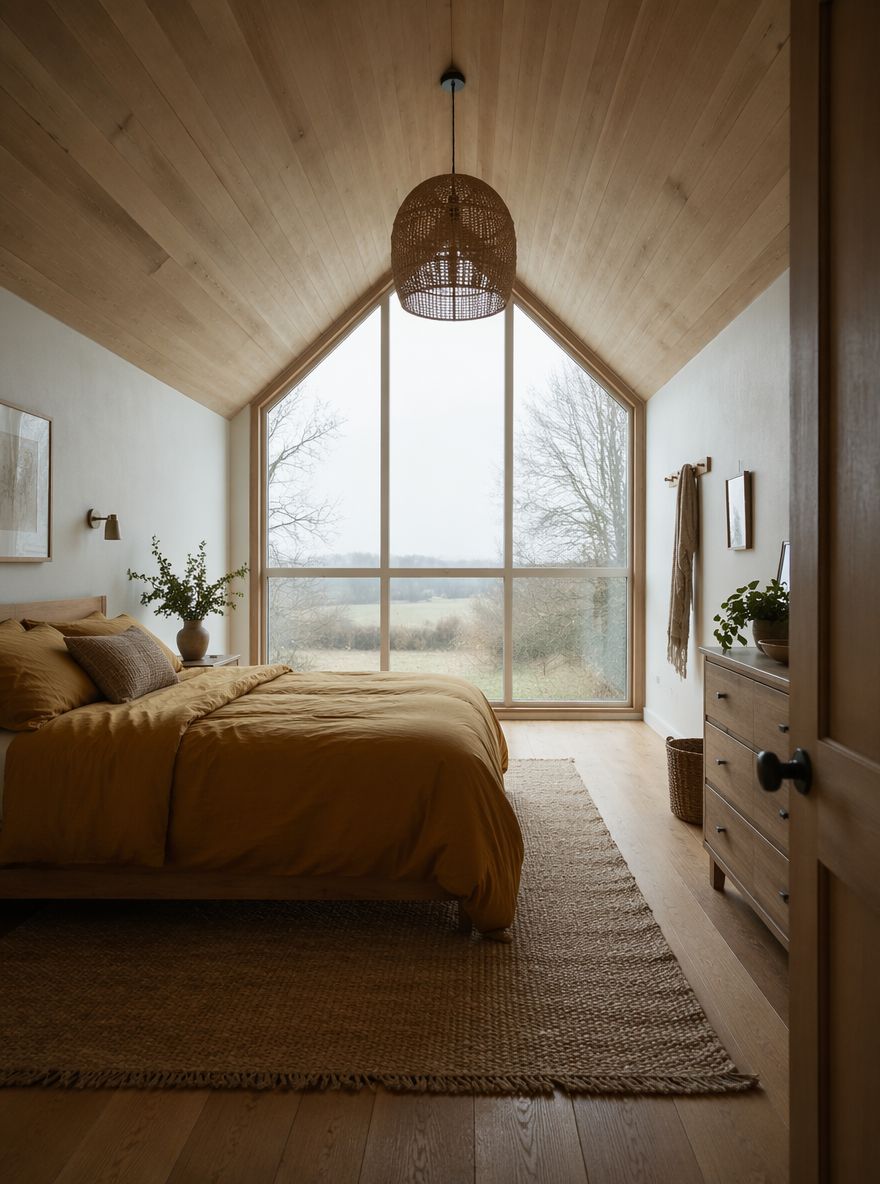 Tall gable window anchoring the high end of the slope