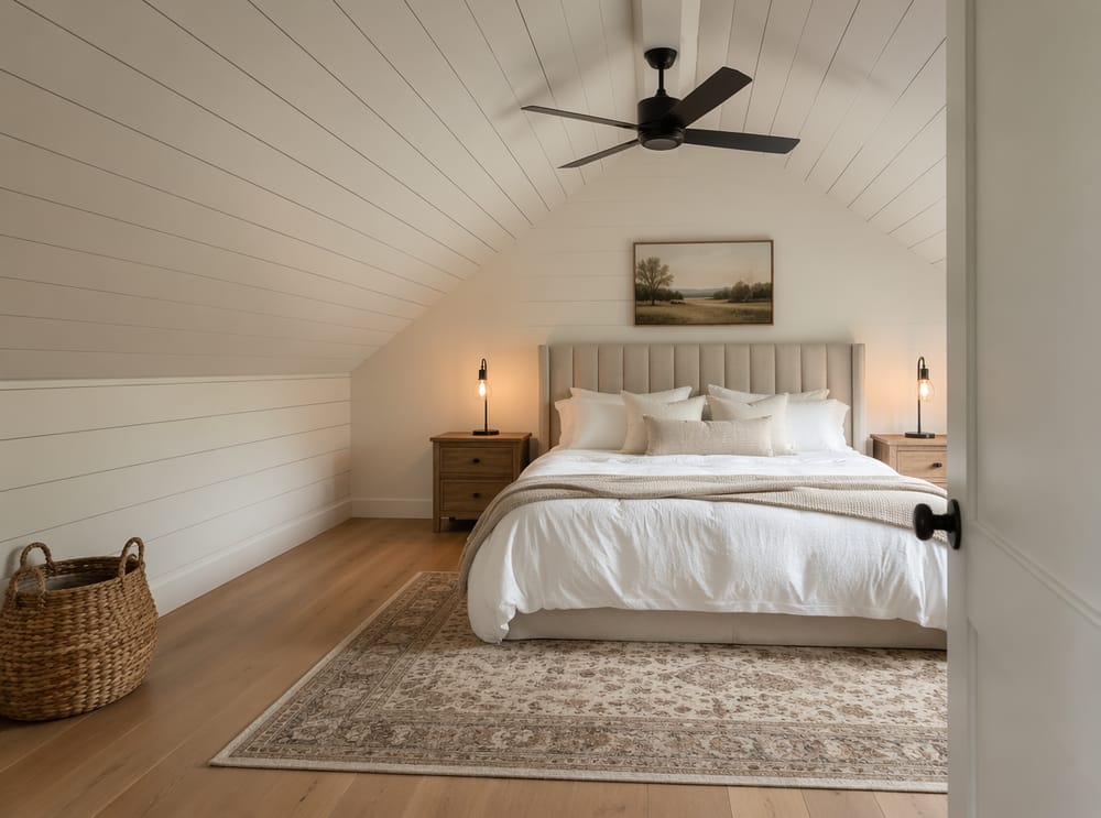 Horizontal shiplap wrapping slope and knee wall together