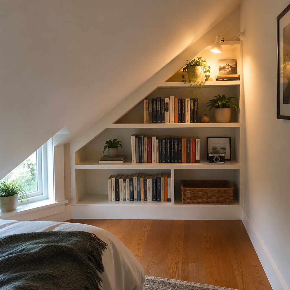 Angled shelving unit filling the triangular slope corner
