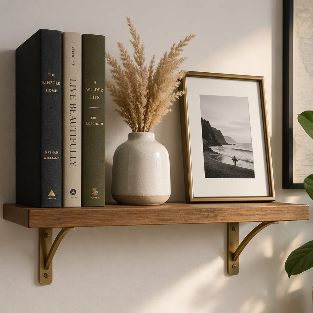 Styled floating shelf with books and dried grass