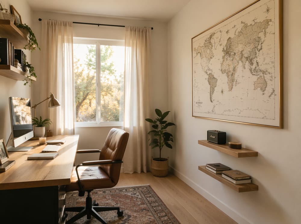 Large world map print beside window-side desk