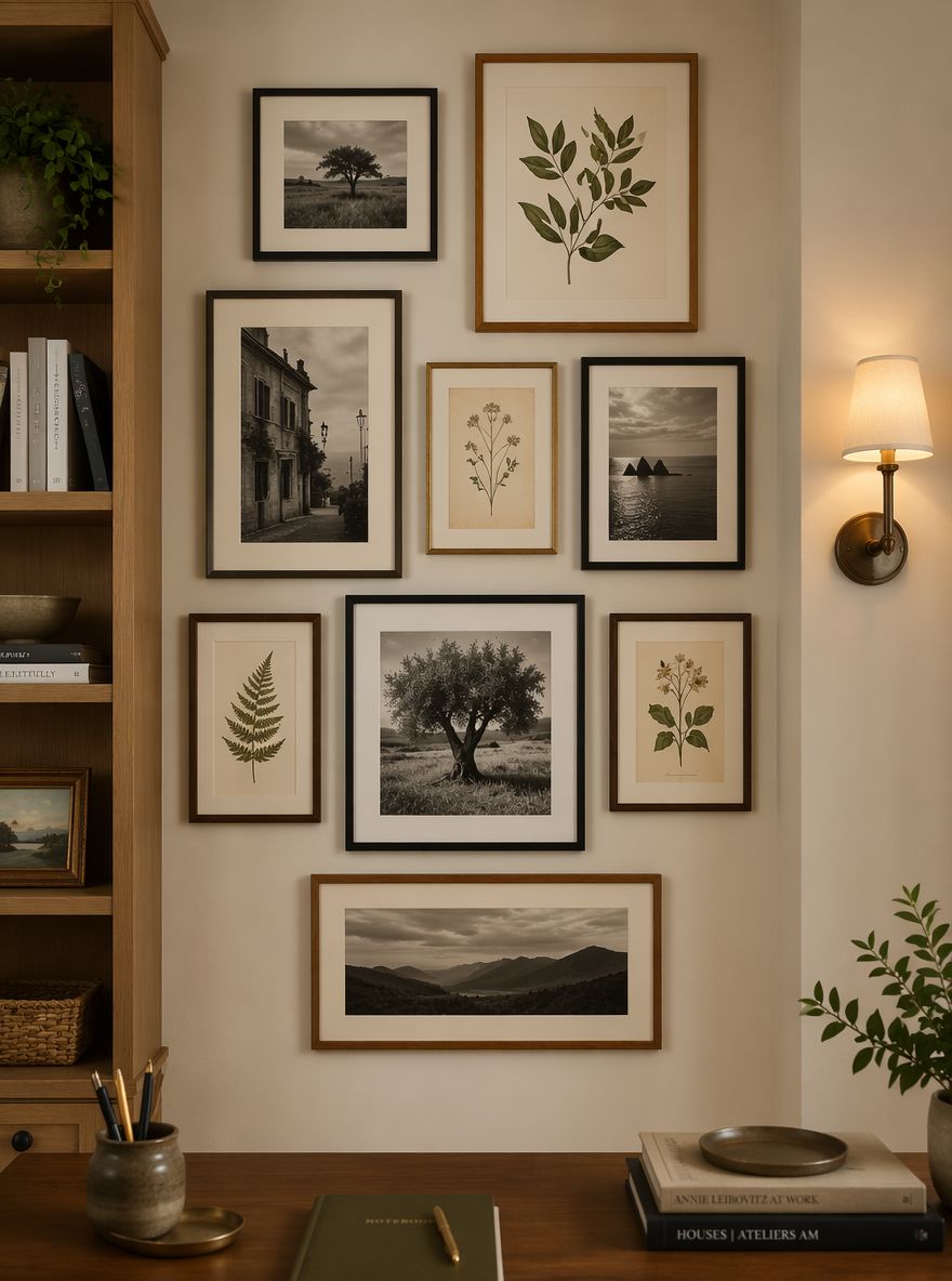 Nine-frame gallery wall, botanical and photography mix