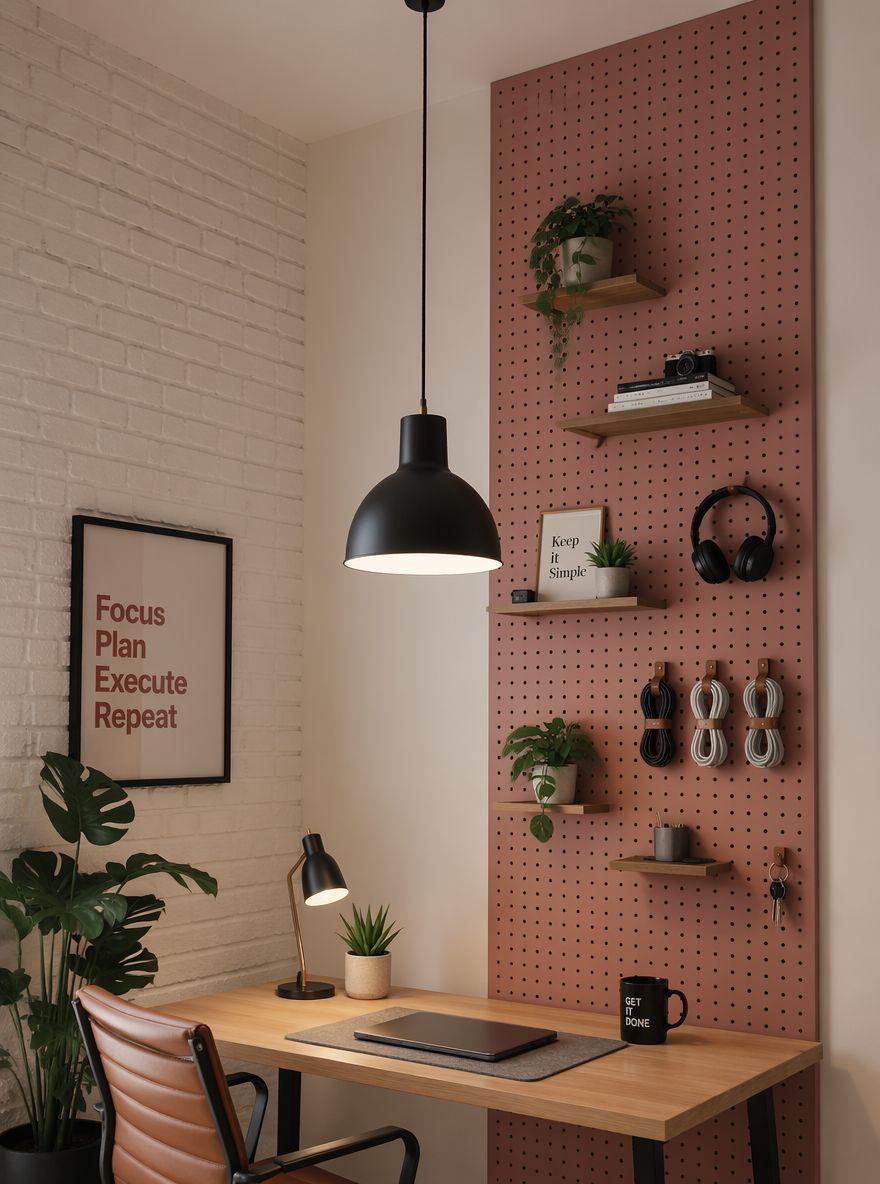 Tall pegboard panel with hooks and small shelves