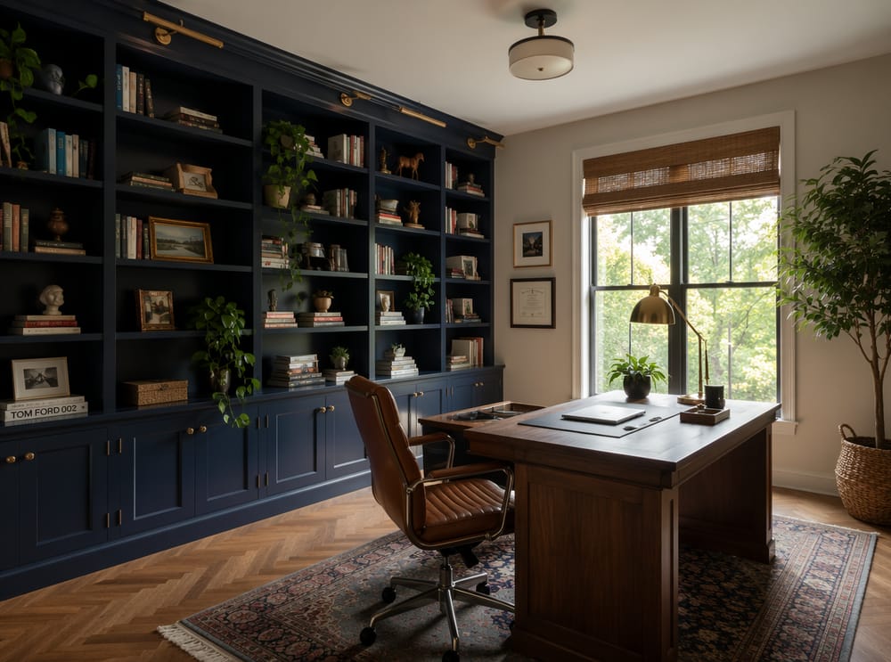 Floor-to-ceiling shelving unit on full left wall