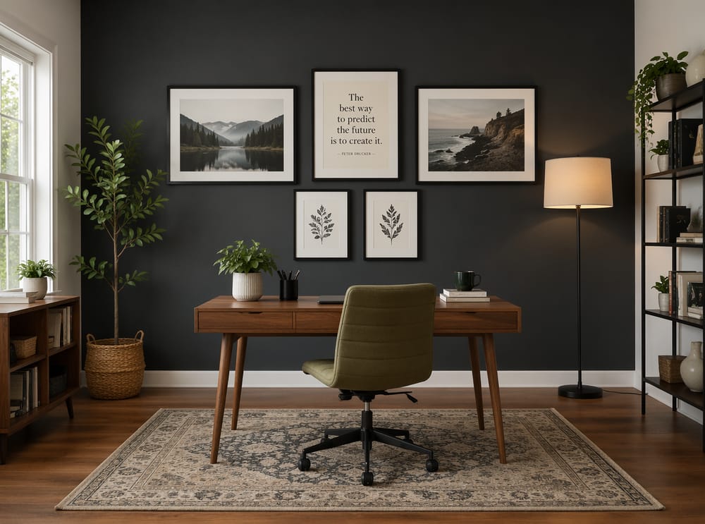 Charcoal accent wall with five-frame mixed gallery