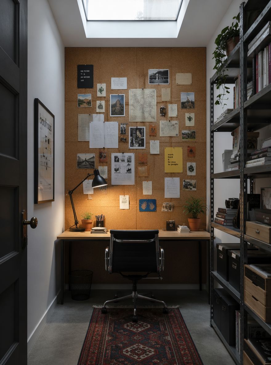 Full back wall cork pinboard above slim desk