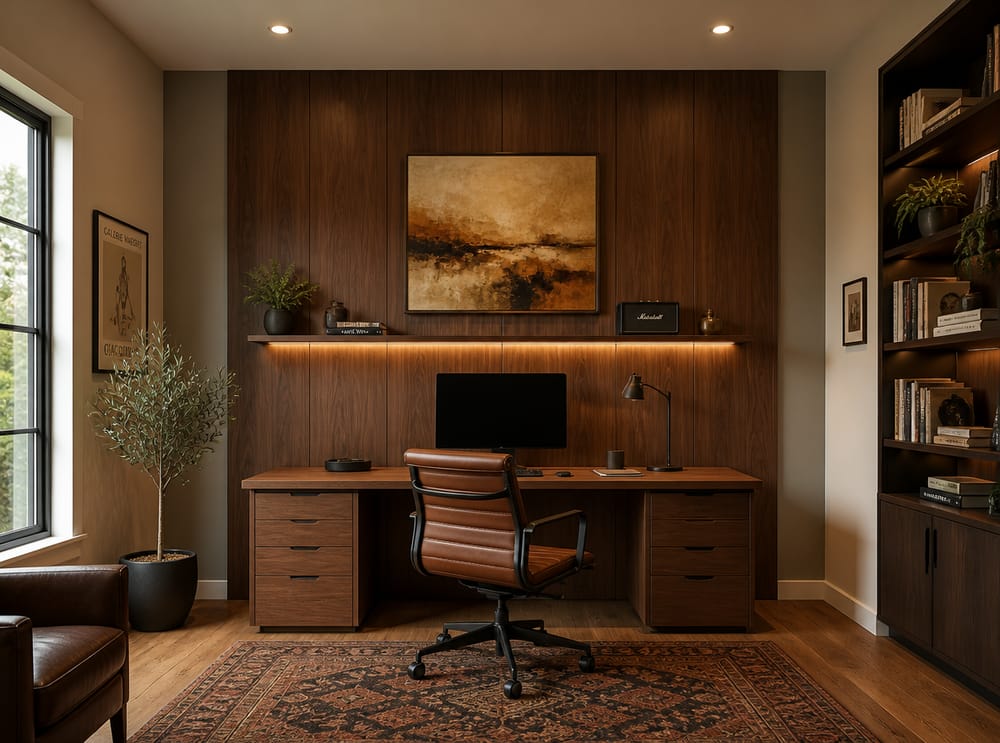Walnut wall panel with ochre painting and floating shelf