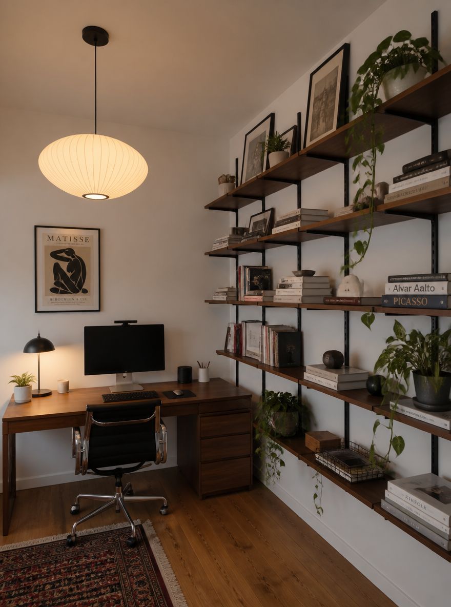 Modular grid shelf system beside desk, trailing pothos