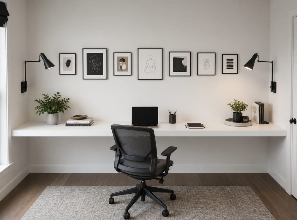 Seven-frame horizontal gallery row with swing-arm lamps