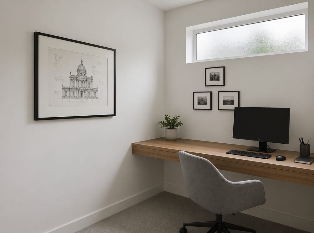 Triangular cluster of small frames above built-in desk
