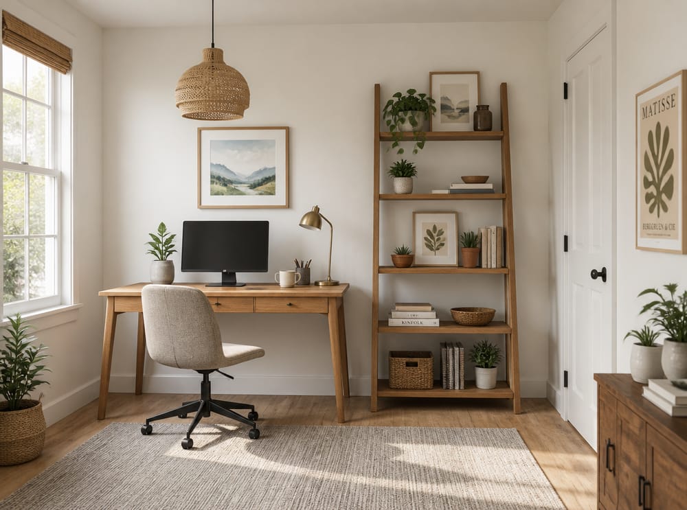 Ladder shelf beside desk, watercolor print above monitor