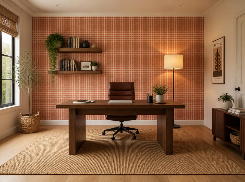 Terracotta geometric wallpaper as focal back wall