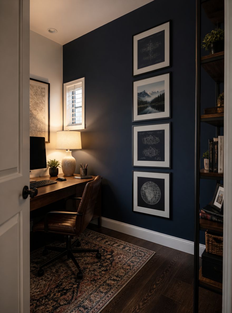 Vertical column of four frames on midnight blue wall