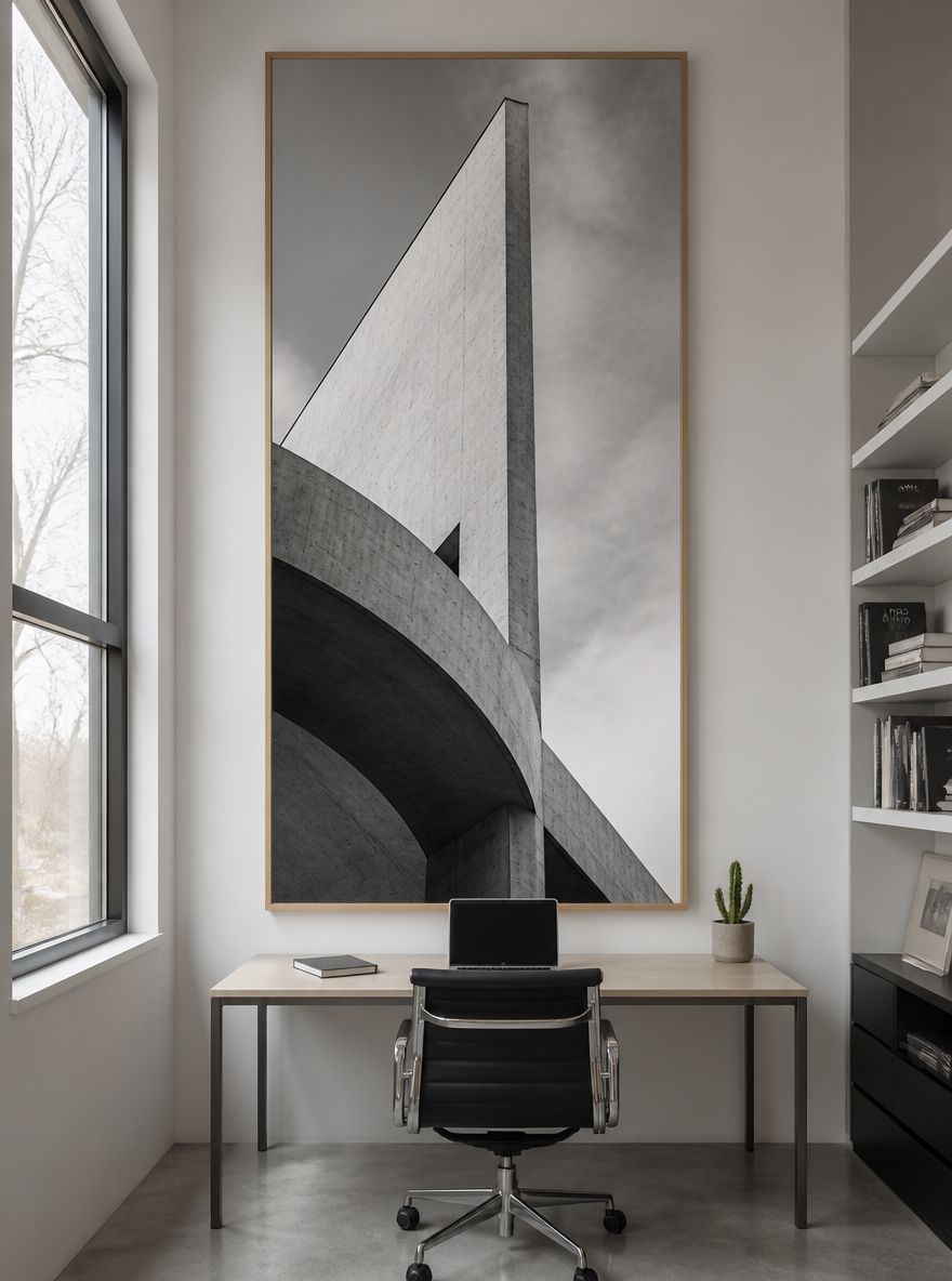 Large-format architectural photo spanning tall wall