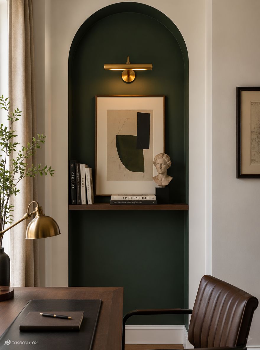 Deep green arched niche with shelf and leaning print