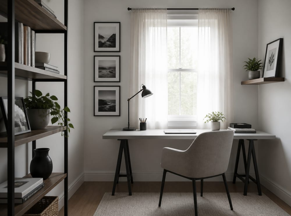 Window flanked by photos on left, shelf on right