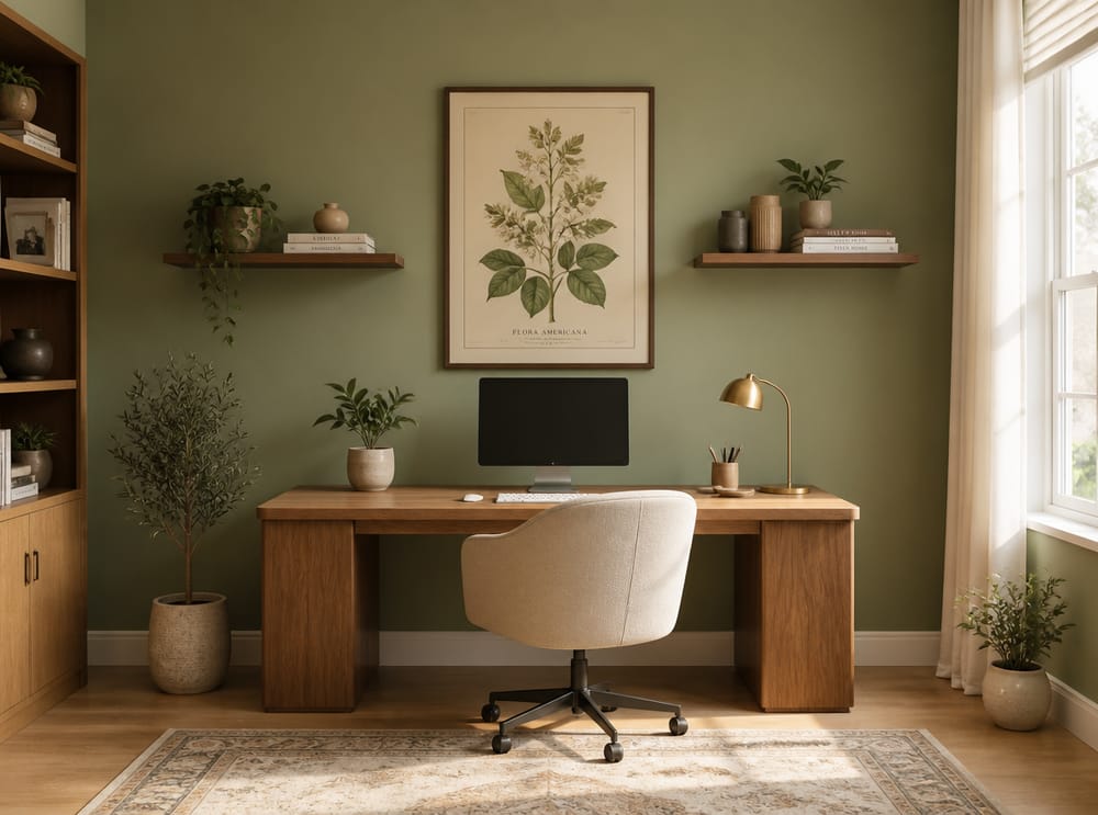 Sage green wall with centered vintage botanical illustration