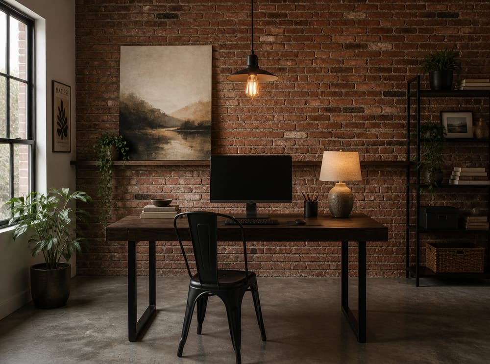 Canvas on picture ledge against exposed brick wall