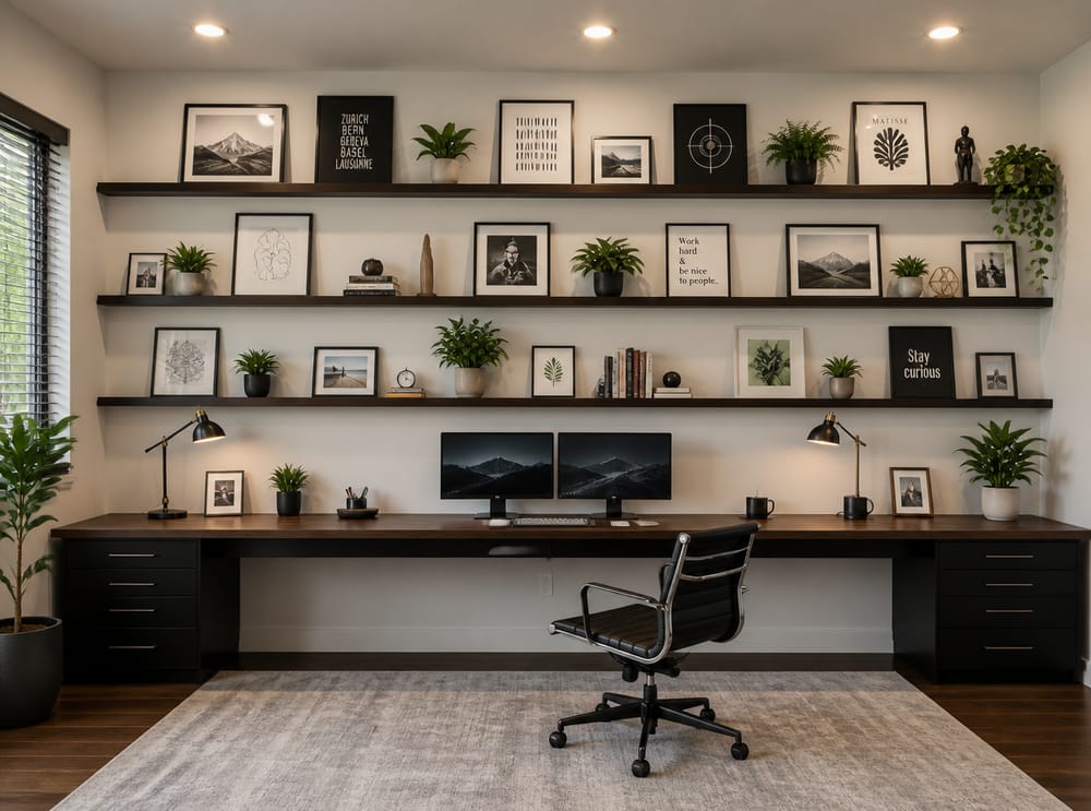 Three-tier picture ledge grid spanning entire back wall