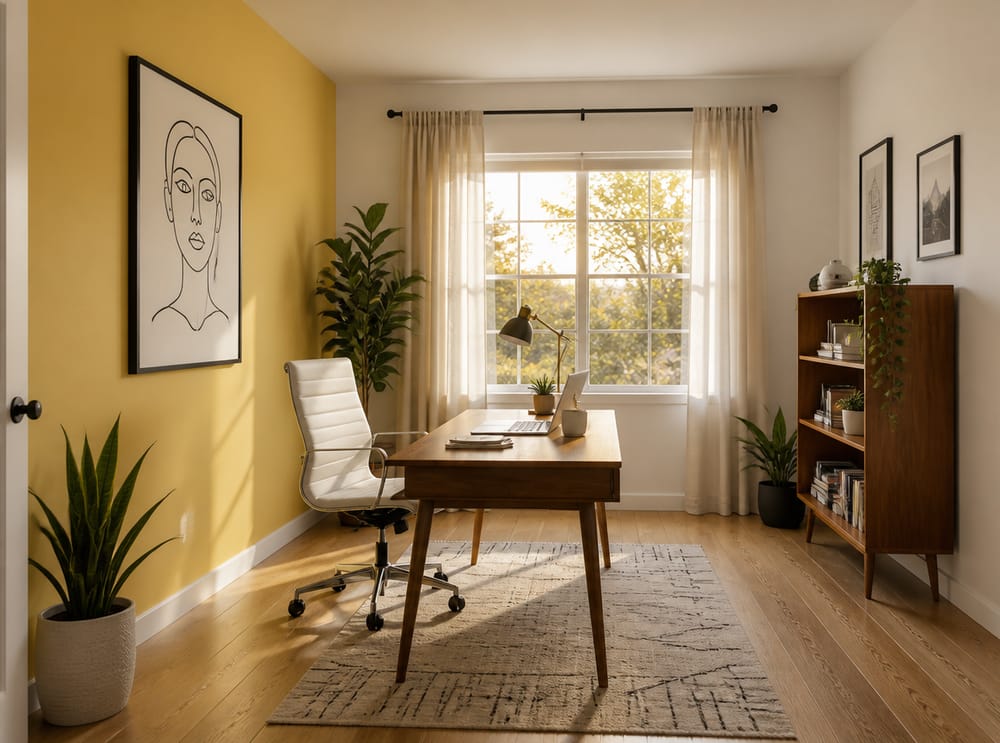 Pastel yellow accent wall with large line-art portrait