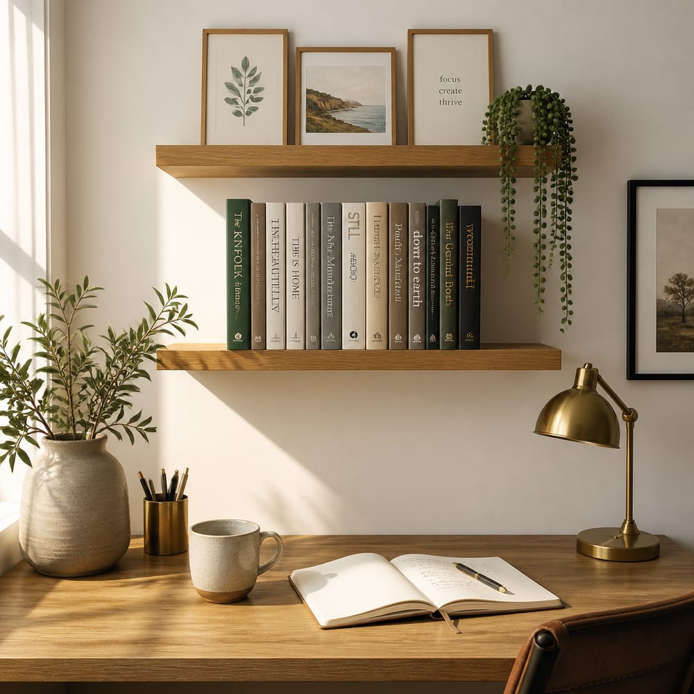 Two oak shelves above desk, leaning prints and trailing plant