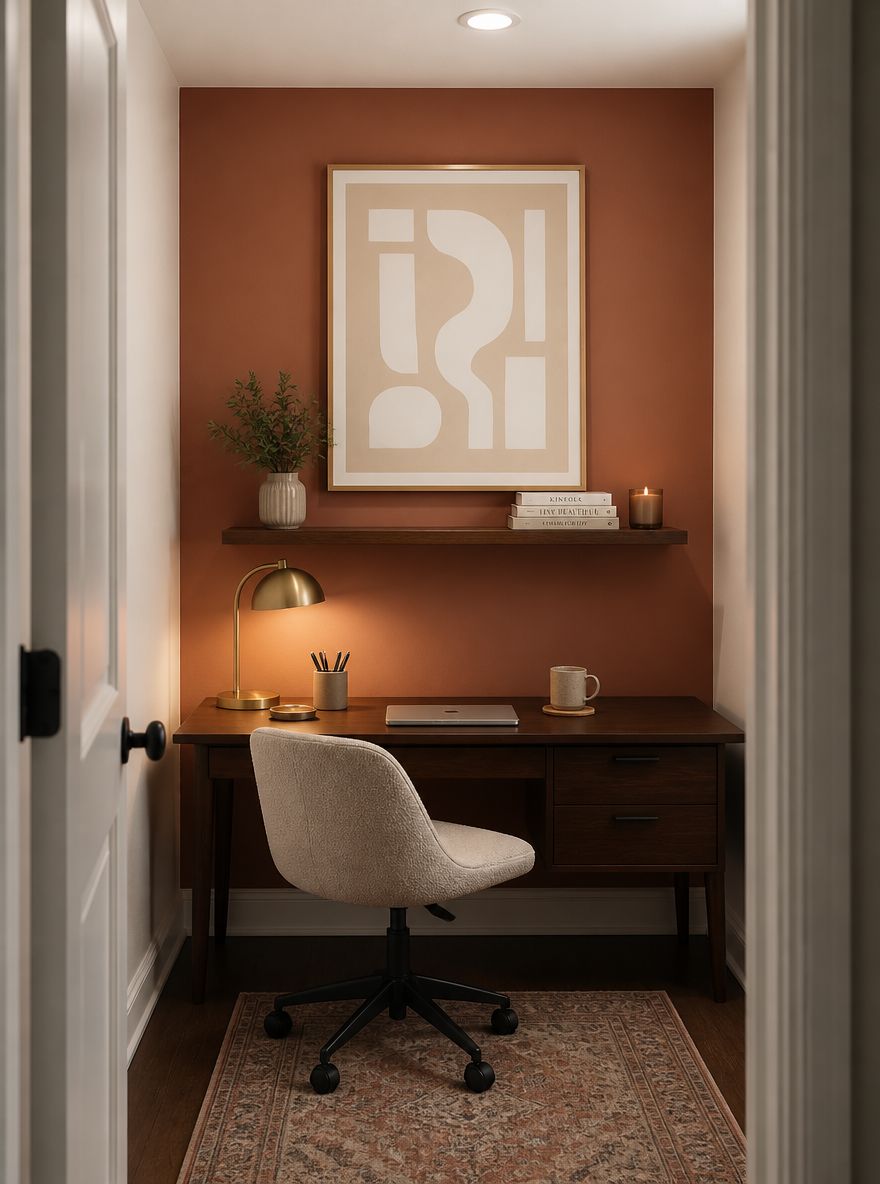 Terracotta back wall with abstract print above shelf