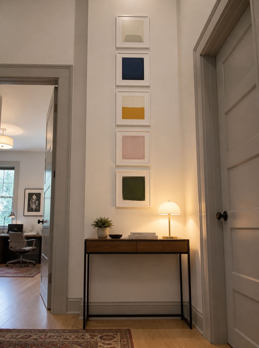 Five stacked square frames on narrow wall between doorways