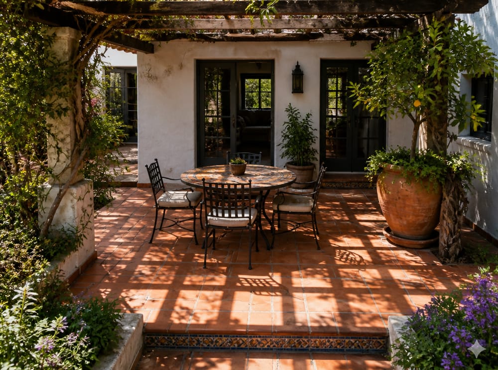 Mattonelle in terracotta posate in diagonale sotto una pergola
