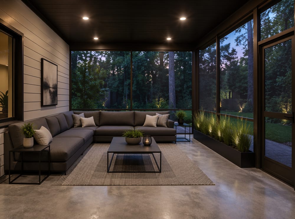 Sofá modular en L, iluminación empotrada, jardinera lineal