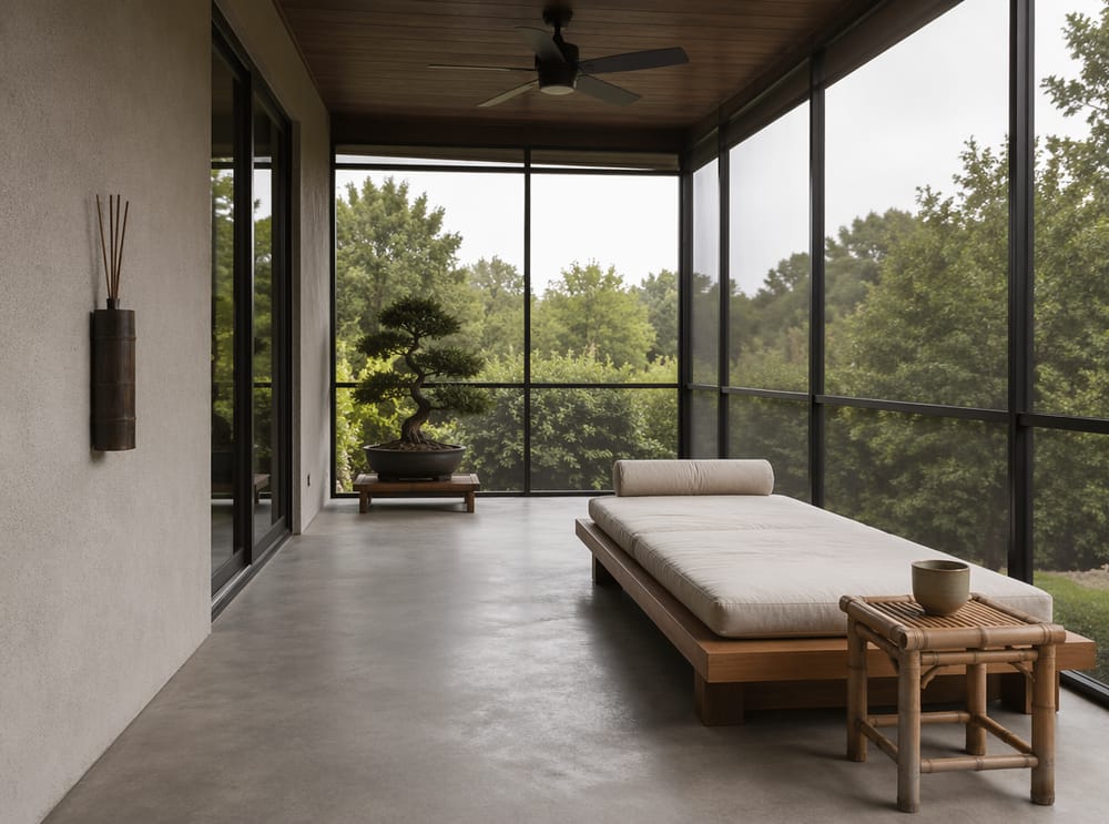 Cama baja de teca, rincón bonsái, piso de concreto minimalista